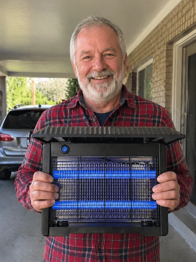Cordless solar bug zapper near an outdoor seating area